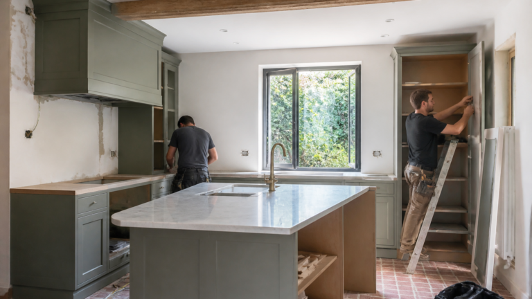 Cuisine en rénovation avec artisans au travail, matériaux et outils sur chantier propre, lumière naturelle douce
