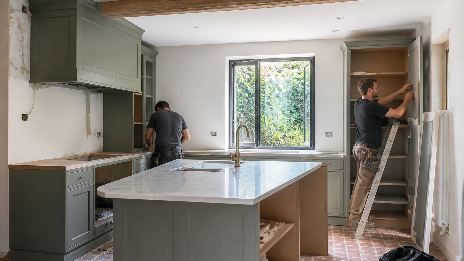 Cuisine en rénovation avec artisans au travail, matériaux et outils sur chantier propre, lumière naturelle douce