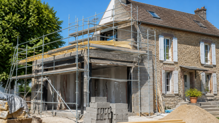Chantier d'extension de maison en France sous un ciel clair, avec échafaudages et matériaux visibles
