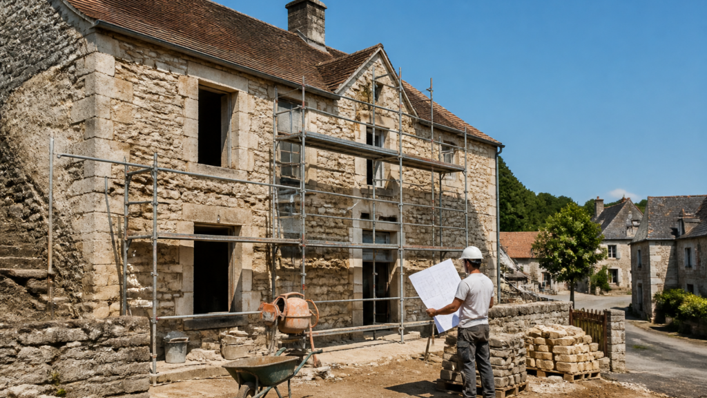 Maison ancienne en pierre en rénovation avec échafaudages et artisan consultant des plans
