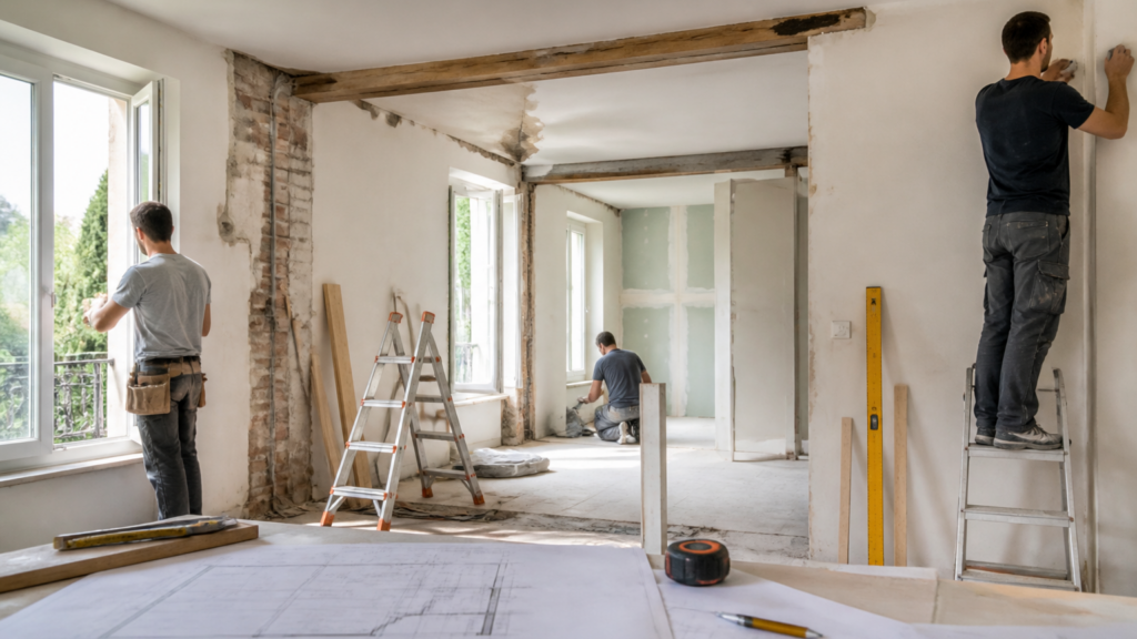 Maison en rénovation avec artisans et outils, illustrant les travaux et la préparation