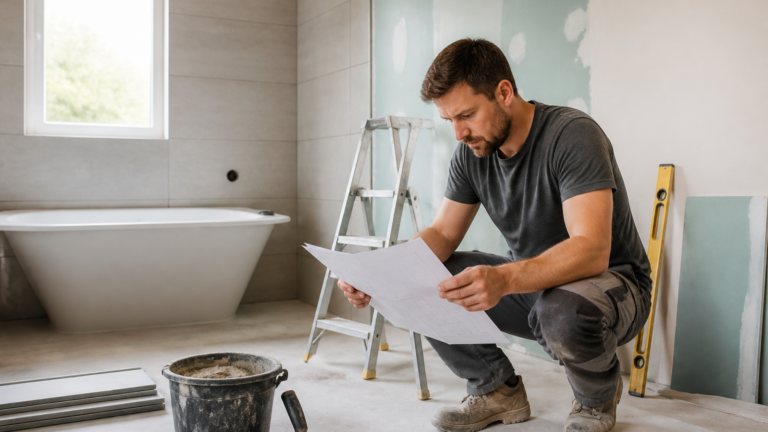 Salle de bain en rénovation avec artisan examinant des plans et matériaux de construction