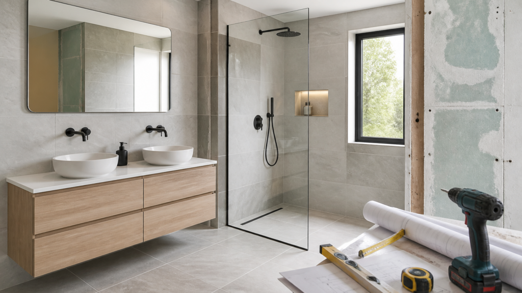 Salle de bain en rénovation avec équipement moderne et outils de chantier
