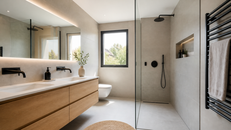 Salle de bain rénovée moderne avec douche à l'italienne et lavabo double vasque