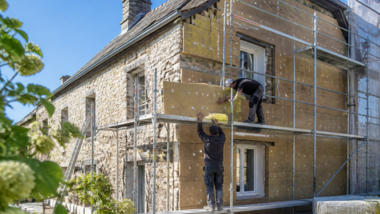 Maison ancienne en pierre en cours de rénovation avec échafaudage et ouvriers