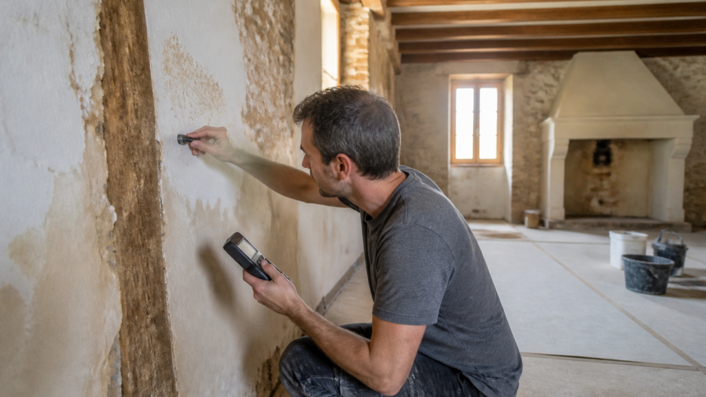 Artisan mesurant le taux d'humidité sur un mur dans une maison en rénovation en France