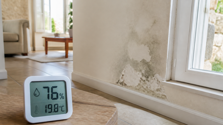 Mur intérieur d’une maison avec signes d’humidité et hygromètre affichant un taux élevé