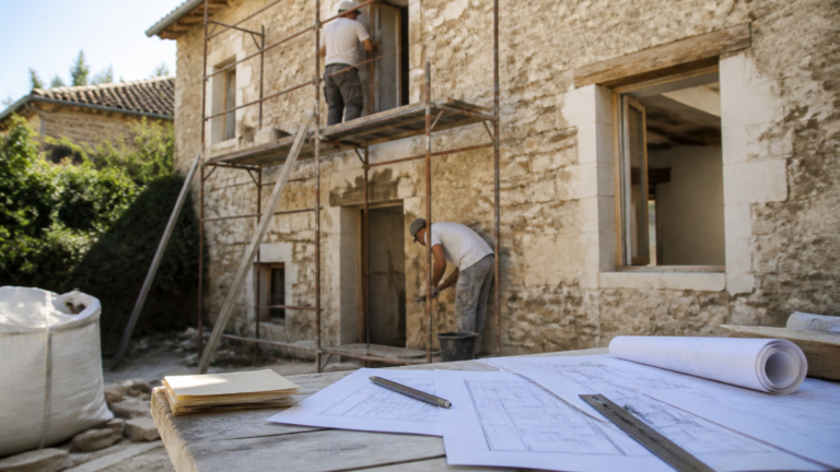 Artisans rénovant une maison ancienne avec plans de devis sur table