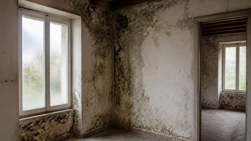 Intérieur d'une maison ancienne présentant des signes d'humidité avec murs tachés et condensation sur les fenêtres