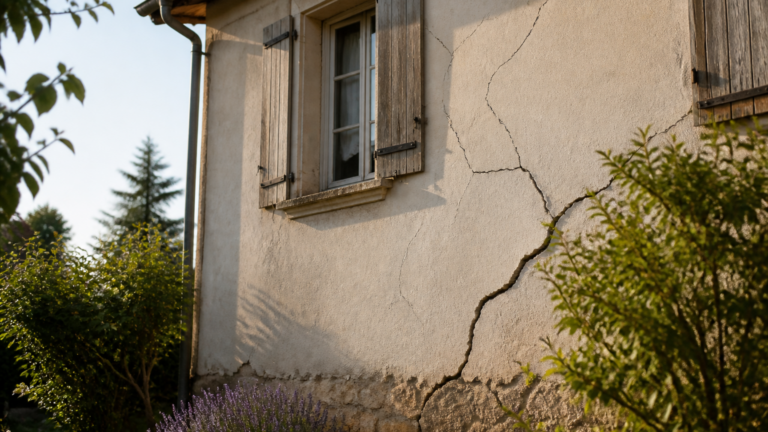 Mur extérieur d'une maison ancienne avec fissures visibles clairement