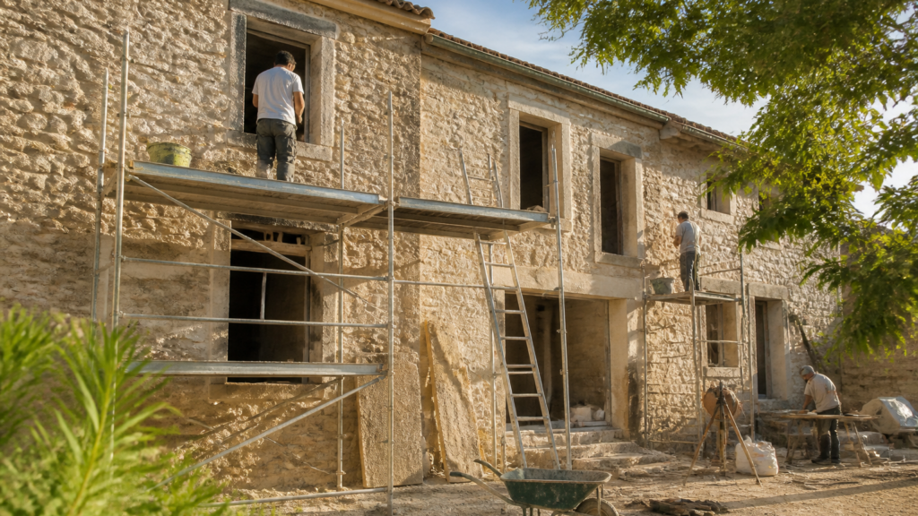 Maison ancienne en rénovation avec échafaudages et ouvriers