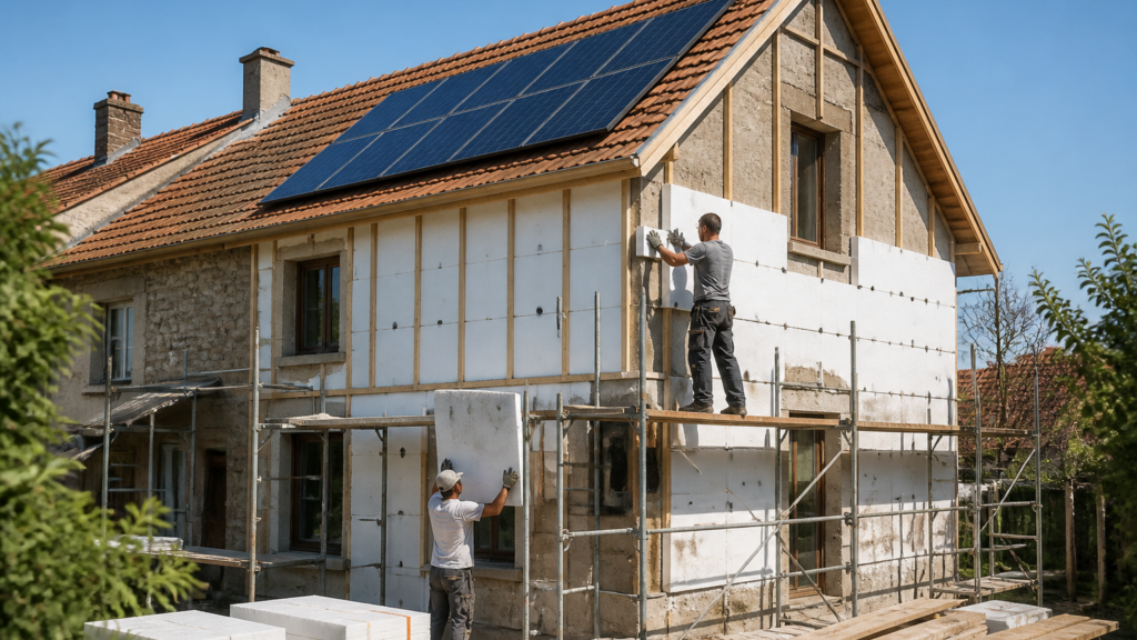 Maison en rénovation avec isolation thermique et panneaux solaires sur le toit