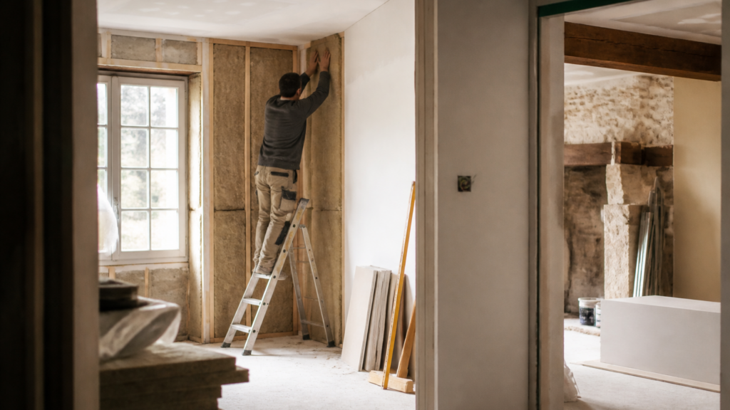 Chantier de rénovation énergétique d’une maison ancienne avec artisan travaillant sur l’isolation