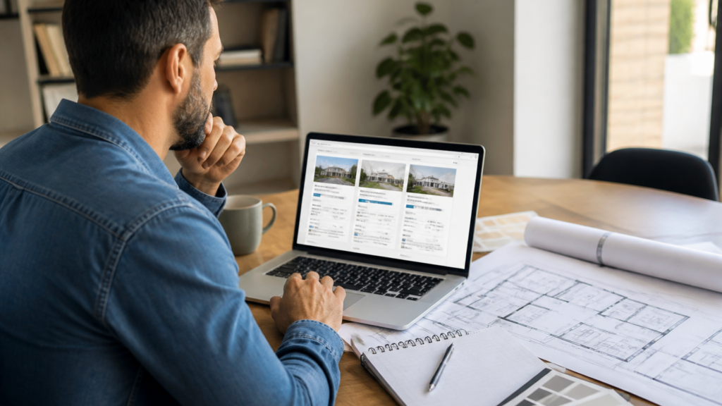 Personne regardant des devis en ligne sur un ordinateur avec des plans de rénovation en arrière-plan