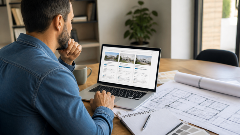 Personne regardant des devis en ligne sur un ordinateur avec des plans de rénovation en arrière-plan