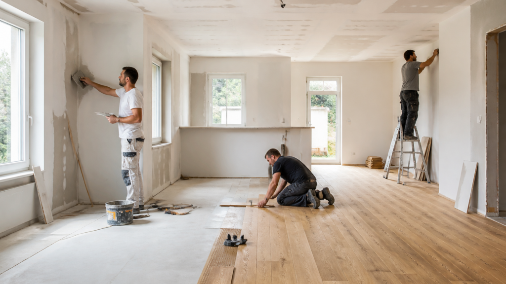 Maison en cours de rénovation avec des artisans travaillant, illustration pédagogique