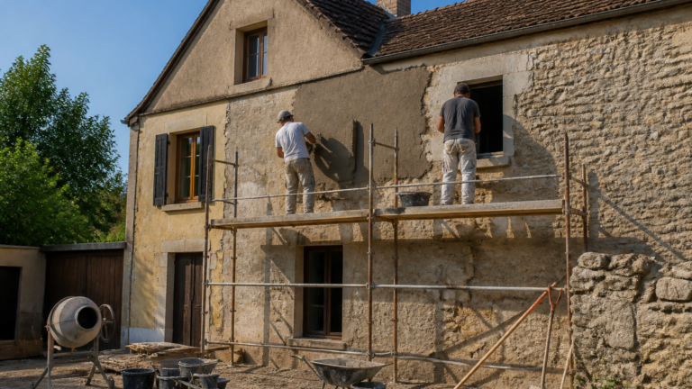 Maison ancienne en rénovation avec artisans et matériaux de construction