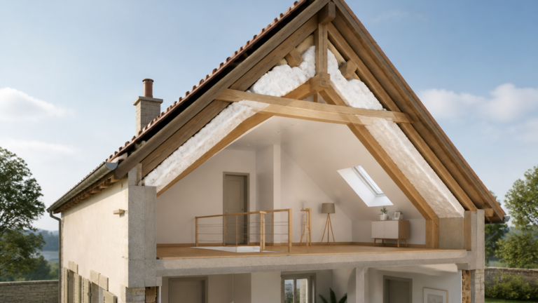 Schéma pédagogique d'une isolation dans les combles d'une maison avec matériel isolant entre les chevrons