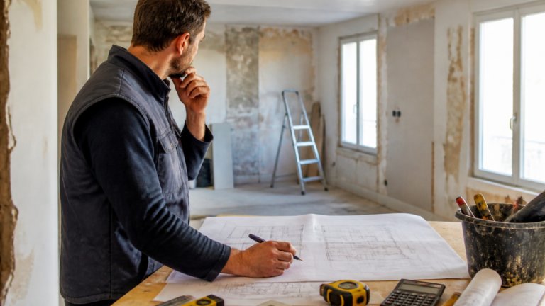Artisan évaluant les coûts des travaux de rénovation au m2 sur un chantier intérieur