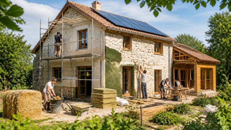 Maison ancienne en rénovation avec artisans, panneau solaire et matériaux écologiques