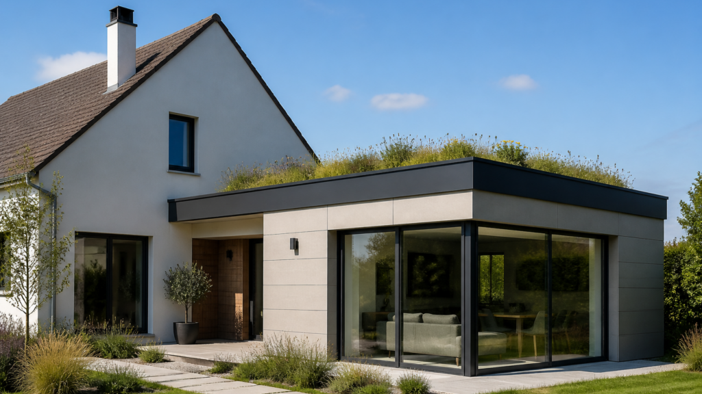 Extension de maison avec toiture plate moderne et végétalisée