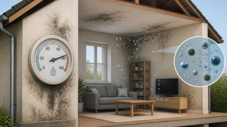 Hygromètre dans une maison avec traces d'humidité sur les murs, schéma pédagogique
