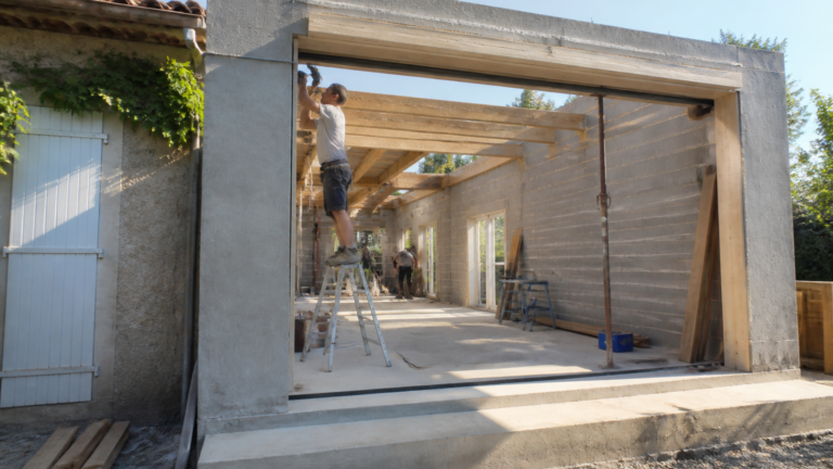 Extension de maison en construction avec artisans travaillant sur le chantier