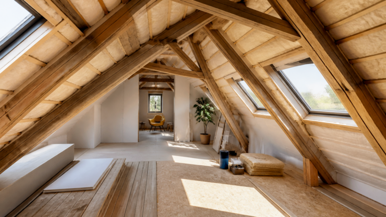 Intérieur de combles aménagés avec isolation et fenêtres de toit