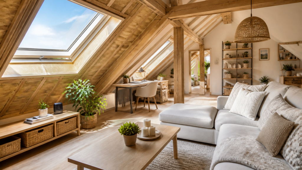 Combles aménagés avec isolation visible et fenêtre de toit