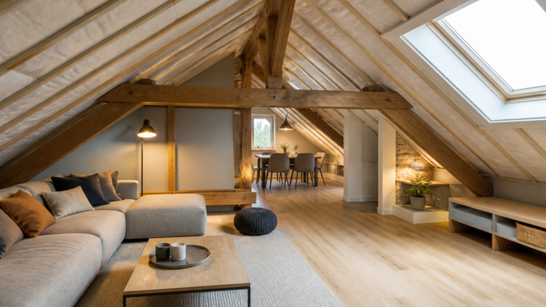 Aménagement intérieur de combles rénovés avec isolation apparente et fenêtre de toit