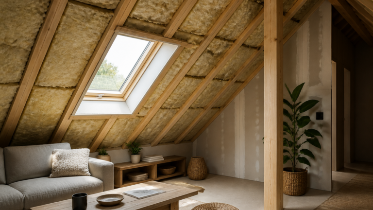 Combles aménagés avec isolation entre chevrons en bois visibles sous une fenêtre de toit