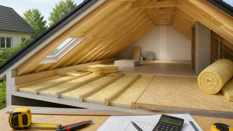 Coupe de combles isolés avec isolant au m2, outils de chantier et devis pour estimation de prix