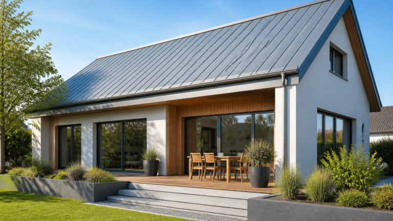 Maison moderne avec toiture bac acier en acier inoxydable sous un ciel bleu clair