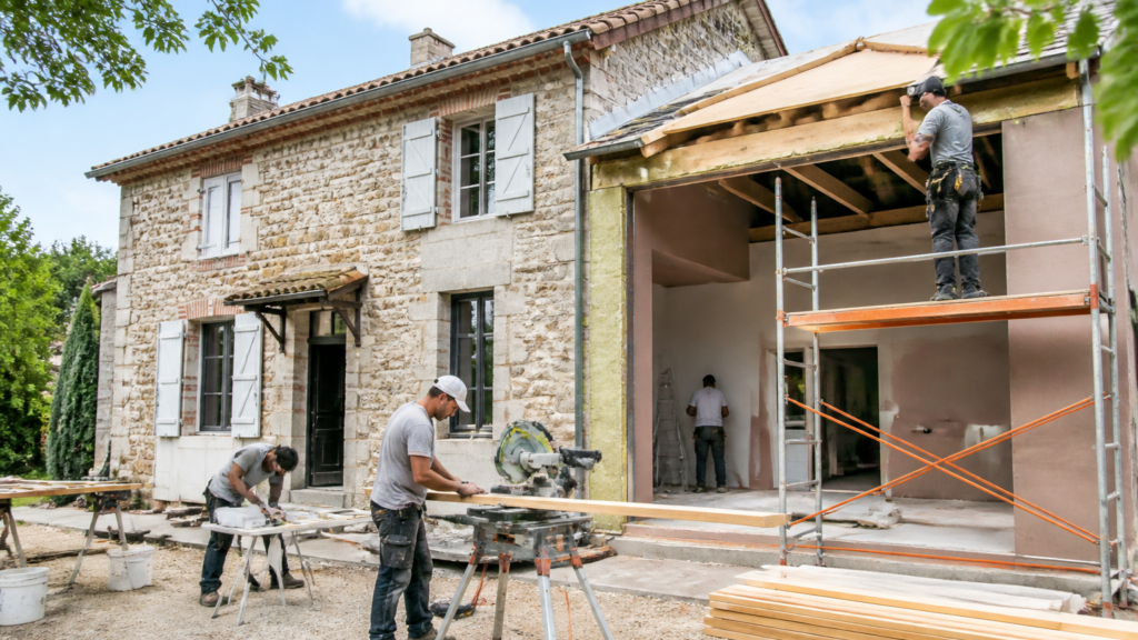 Maison en rénovation avec ouvriers et équipements de chantier