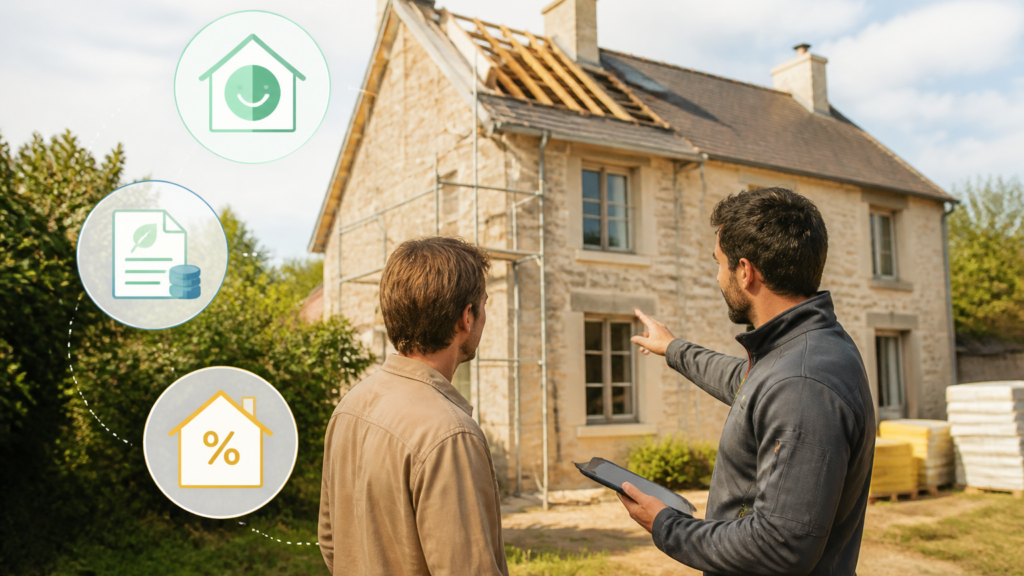 Représentation graphique d’une maison en rénovation énergétique avec pictogrammes des aides et un professionnel conseillant un particulier