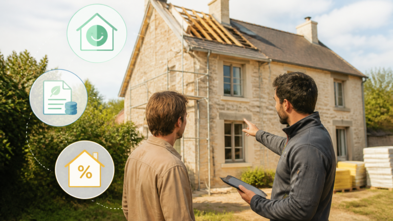 Représentation graphique d’une maison en rénovation énergétique avec pictogrammes des aides et un professionnel conseillant un particulier