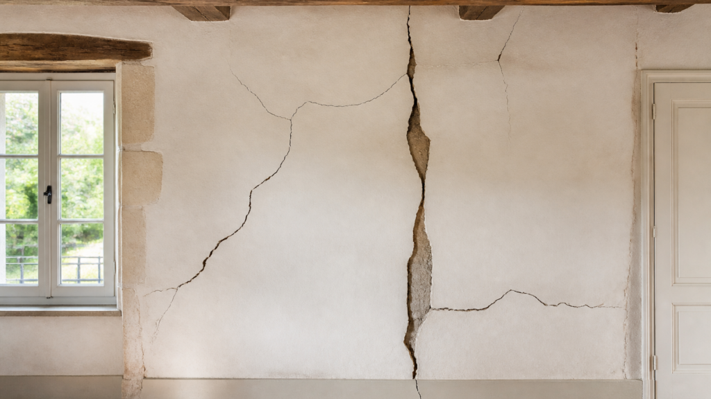 Mur ancien fissuré dans une maison, avec différentes fissures visibles