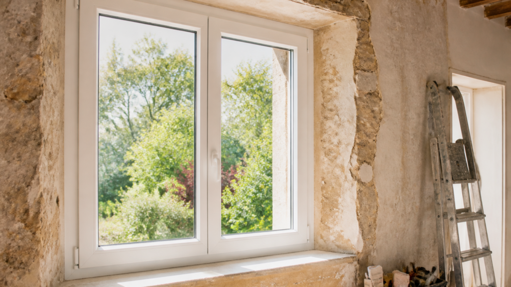 Fenêtre PVC blanche moderne installée dans une maison traditionnelle