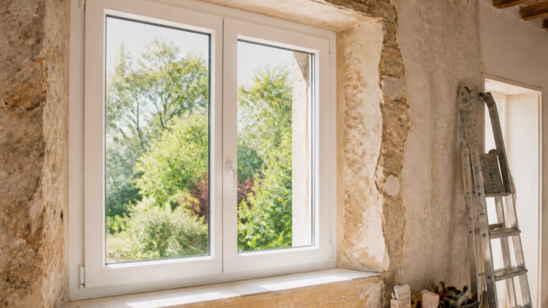 Fenêtre PVC blanche moderne installée dans une maison traditionnelle