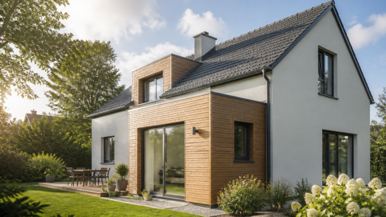 Maison avec isolation par l'extérieur montrant un bardage en bois et une façade rénovée