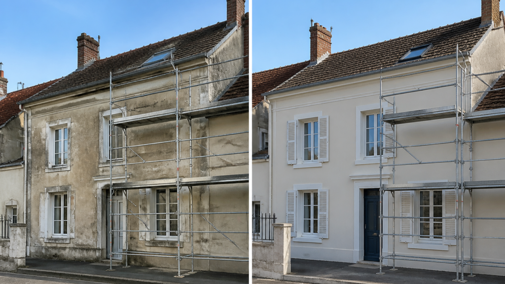 Façade d’une maison française en chantier de ravalement avec échafaudages