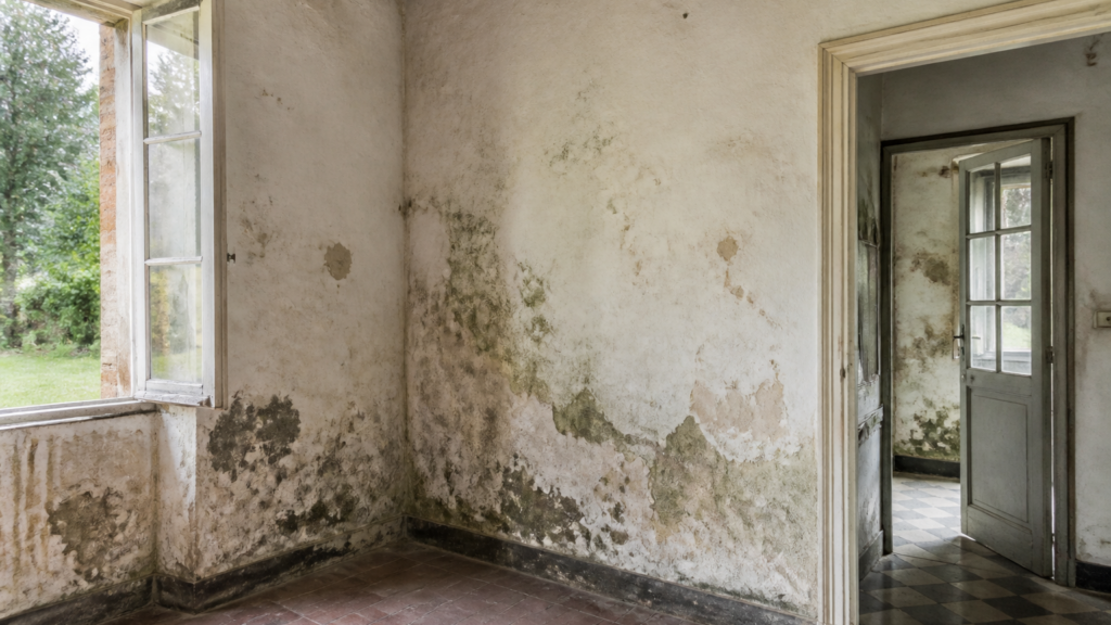 Murs d'une maison ancien présentant des traces visibles d'humidité et moisissures