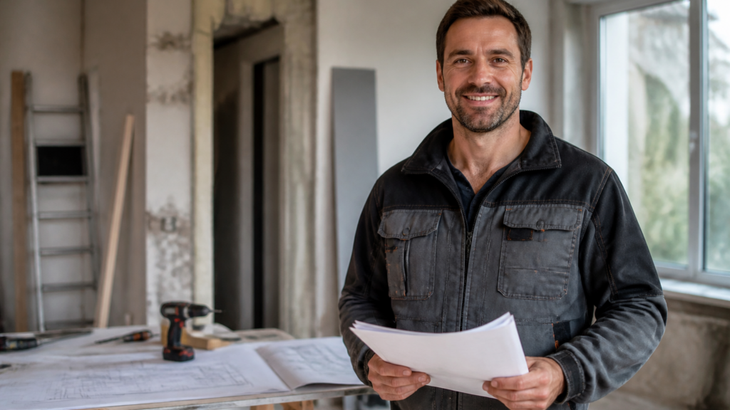 Artisan professionnel tenant un devis dans une maison en rénovation