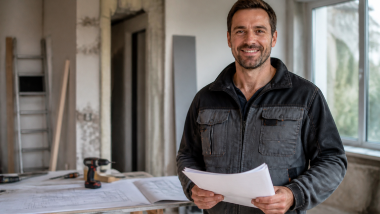 Artisan professionnel tenant un devis dans une maison en rénovation