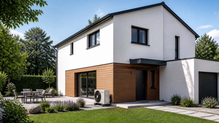 Maison moderne de 150m2 avec une unité extérieure de pompe à chaleur installée dans le jardin