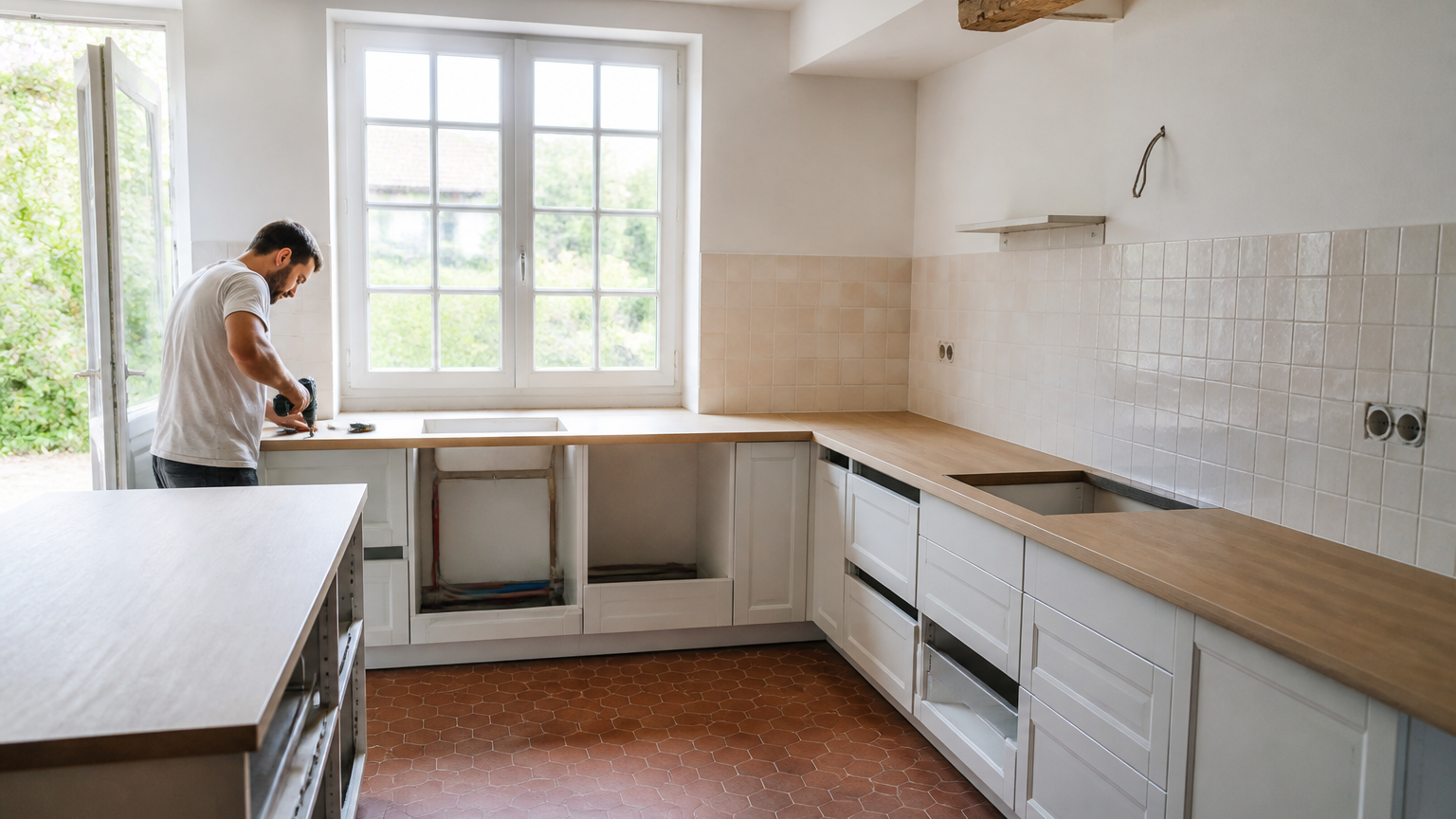 Chantier de rénovation de cuisine avec artisan au travail dans une maison réaliste, espace propre et lumineux