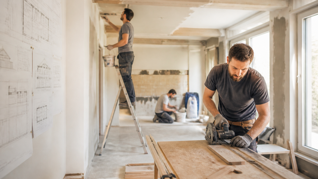 Maison en cours de rénovation avec artisans et plans de construction