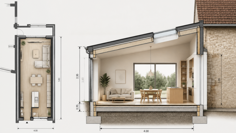 Plan architectural détaillé d'une extension de maison de 40m2