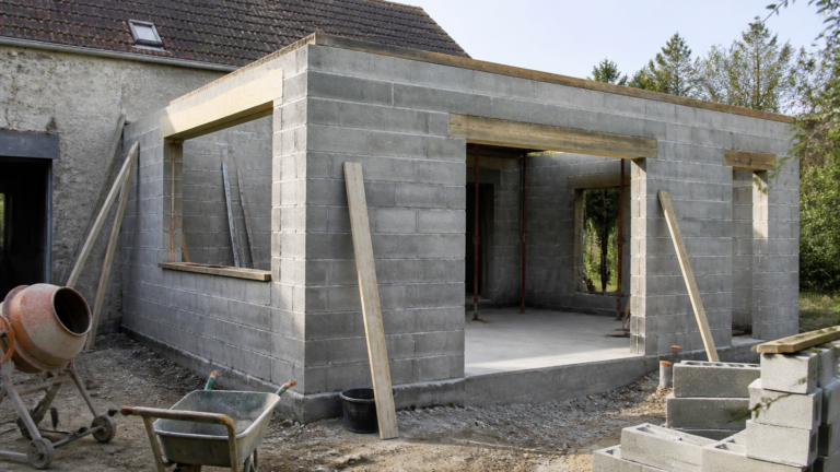 Chantier d'extension de maison en parpaing en cours de construction