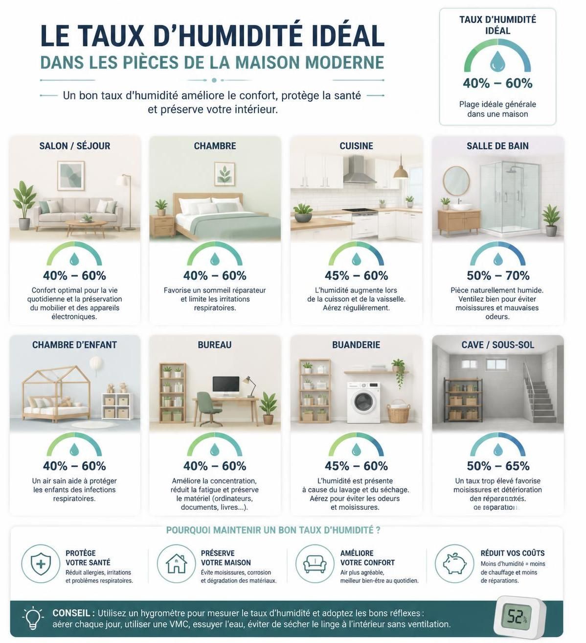 découvrez quel est le taux d'humidité idéal dans une maison et apprenez des astuces pratiques pour le maintenir afin d'assurer confort et santé.